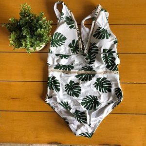 White with palm leaves one-piece swimsuit